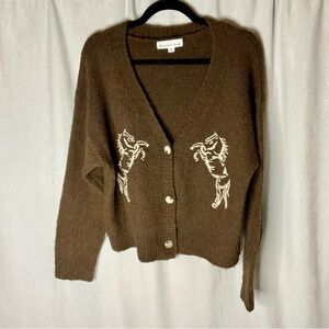 Threaded Leaf Horse Cardigan Sweater Brown V Neck Long Sleeve Size XL